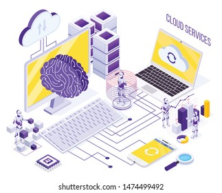 Robotic automation isometric concept with robots working with cloud services and data storage 3d vector illustration