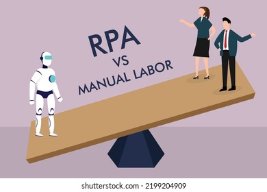 Robotic Automation Process concept with robot and human worker on a see-saw  svg