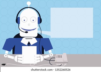 Robotic automation process. Cyborg is talking by phone using professional equipment for calling.