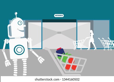 Robotic Automation of  processes. Robot  with shopping trolley near entrance in big store. Retail. 