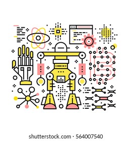 Robotic and automatization collage composition. Modern computer sciences and software development concept. Modern thin line art icons. Linear style illustrations isolated on white.