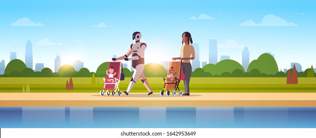 robotic babysitter and mother walking with baby in stroller robot vs human standing together artificial intelligence technology concept urban park landscape background full length horizontal vector