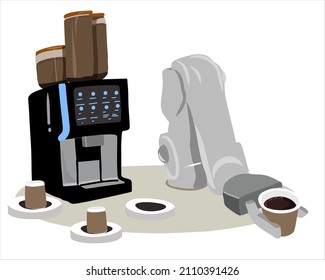 
Barista robótica o brazo robótico sirviendo café.
El concepto de máquina de café automática. Ilustración vectorial plana