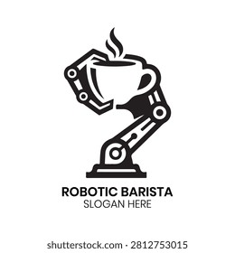 Robotic Barista logo showcases a high-tech robotic arm pouring a perfect coffee beverage with extreme accuracy. This sleek, professional design is highly suitable for specialty coffee equipment manufacturers, innovative cafe ventures, retail automation startups, beverage hospitality firms, and smart service providers needing a modern brand identity that emphasizes quality, precision, advanced functionality, and the future of professional coffee preparation.