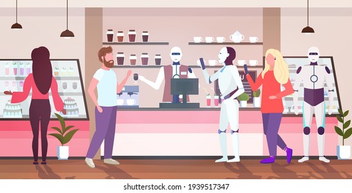 robotic barista serving people and robots clients artificial intelligence technology concept cafe interior full length horizontal