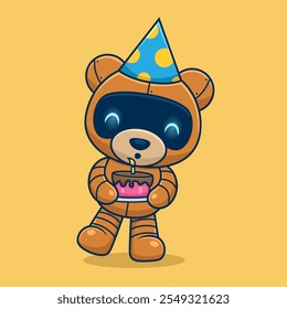  Oso robótico que sopla hacia fuera una vela en un pastel de cumpleaños mientras que lleva un sombrero colorido del partido, Ilustración vectorial.