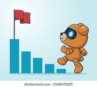 Roboter-Bär klettert einen Balkendiagramm in Richtung einer roten Fahne oben, Vektorgrafik.