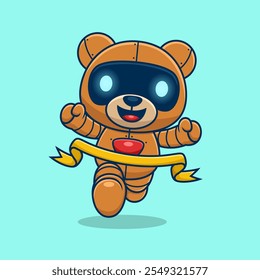 Robotic bear crossing a finish line with a ribbon, smiling with excitement and victory, vector illustration.