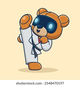 Robotic bear executing a high kick in martial arts attire ,vector illustration.