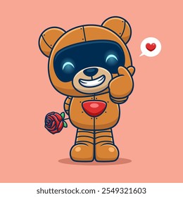 Robotic bear holding a rose and making a heart gesture with a cheerful expression, vector illustration.