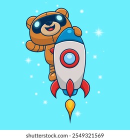 Robotic bear leaning on a rocket with a cheerful expression in a starry space background , vector illustration.