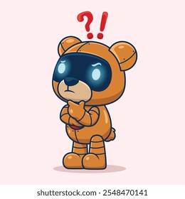 Urso robótico que parece intrigado com pontos de interrogação e exclamação acima de sua cabeça, ilustração vetorial.