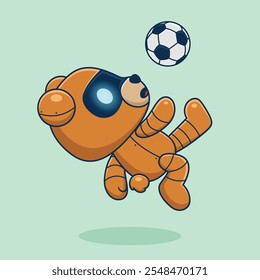 Robotic bear performing a bicycle kick with a soccer ball ,vector illustration.