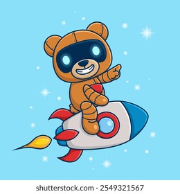 Robotic bear riding a rocket in outer space, pointing forward with a confident smile , vector illustration.