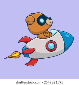 Robotic bear seated inside a rocket flying in a futuristic and colorful outer space background, vector illustration.