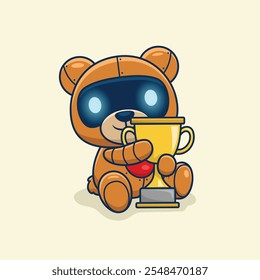 Robotic bear sitting and proudly holding a gold trophy ,vector illustration.
