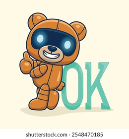 Robotic bear smiling and gesturing OK with large letters spelling 'OK' ,vector illustration.