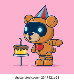 Oso robótico de pie junto a un pastel de cumpleaños en un pedestal mientras lleva un sombrero de fiesta, Ilustración vectorial.