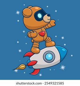 Robotic bear standing confidently on a rocket flying through a starry outer space background, vector illustration.