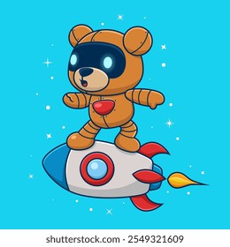 Urso robótico surfando em um foguete no espaço sideral com pose dinâmica , ilustração vetorial.