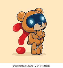 Robotic bear thinking with a large red question mark behind it ,vector illustration.
