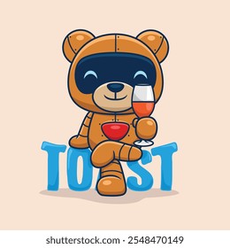 Robotic bear toasting with a glass, sitting on letters spelling 'TOAST' ,vector illustration.