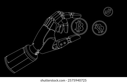 Robotic bionic hand with cryptocurrency coins Line art banner design. Cryptocurrency and blockchain technology concept. AI robot hand holding bitcoin with financial chart. Vector illustration