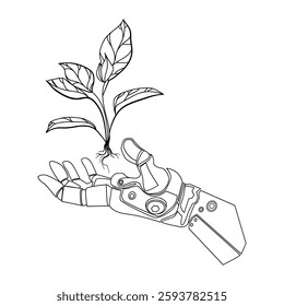 Robotic bionic hand holding a growing plant line art logo,icon,print,emblem, vector. Futuristic technology and nature concept. Cybernetic hand with sprouting plant minimal design.AI and nature balance