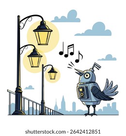 A robotic bird sings near street lamps, with musical notes floating from its beak. The scene includes a cityscape and a railing.