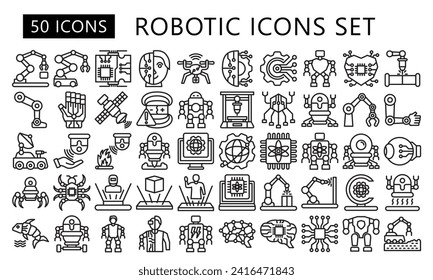 Robotic black outline icons set. contain robot, arm robot, artificial intelligence, industrial, science and more. best for UI or UX, web and app development. vector EPS 10.