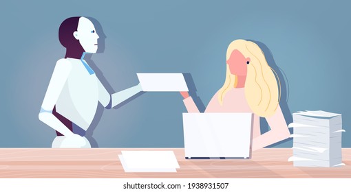 Roboter-Chef, der überarbeitete Geschäftsfrau Dokumente gibt, mit Papier-Stack-Papier-Technologie Papier-Papierwerk-Konzept porträtiert horizontalen