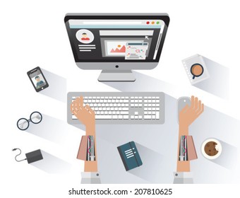 Robotic businessman working on computer on white background