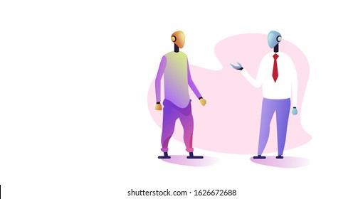 robotic businessmen couple discussing during meeting artificial intelligence technology concept two robots standing together full length horizontal vector illustration