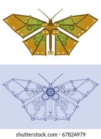 Robotic butterfly in rendered and blueprint styles