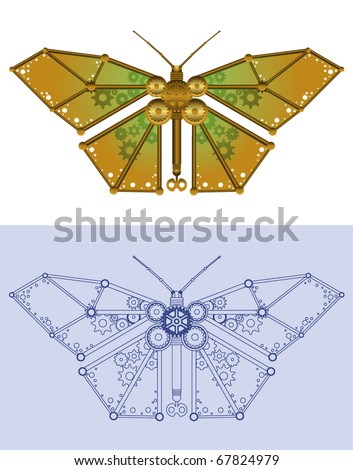 Robotic butterfly in rendered and blueprint styles