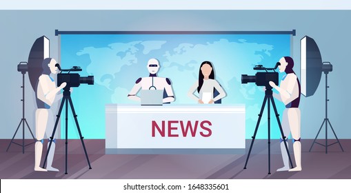 robotic cameramen recording robot and woman tv presenters sitting at table in news studio artificial intelligence technology live news concept world map background horizontal vector illustration