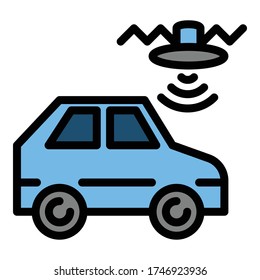 Un coche robótico e icono de drones. Esquema del coche robótico y del icono del vector drone para el diseño web aislado en fondo blanco