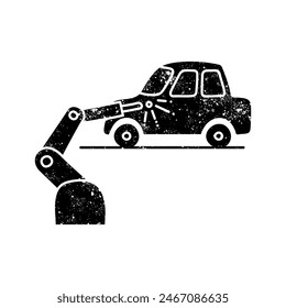 Robotic car manufacturing black hand drawn icon in grunge look