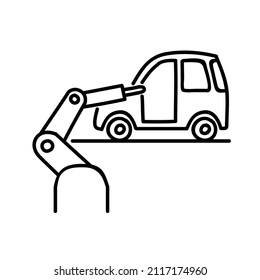 Robotic Car Manufacturing Icon. Hand Drawn Vector Illustration. Editable Line Stroke.