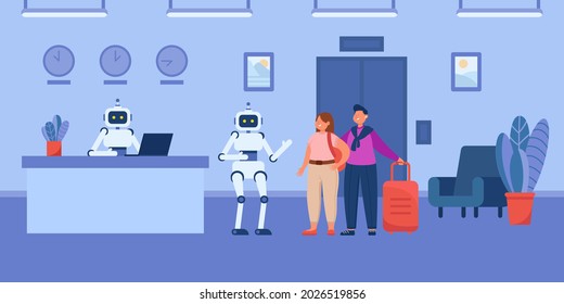 Robotic cartoon porter helping guests to elevator in hotel. Robot receptionist sitting at desk, lobby interior flat vector illustration. Modern robots, technology, traveling concept for website design