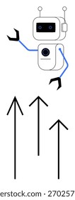 Caractere robótico com braços de antena apontando para cima ao lado de três setas em negrito. Ideal para tecnologia, inovação, IA, crescimento, progresso, robótica e temas futuros. Metáfora de linha