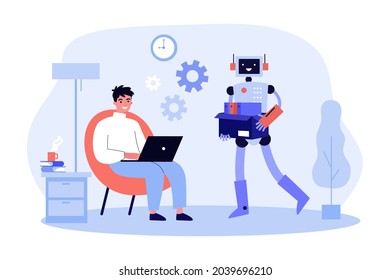 Robotic character carrying documents for man working at laptop. Male character using mechanical assistance flat vector illustration. Modern robots, technology, artificial intelligence concept