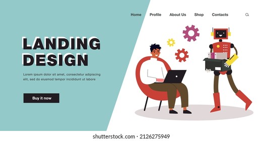 Robotic character carrying documents for man working at laptop. Male character using mechanical assistance flat vector illustration. Modern robots, technology, artificial intelligence concept