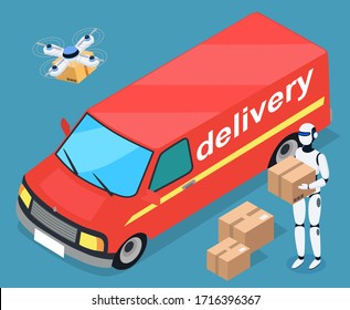 Robotic character carrying order of client fulfilling order. Delivery and shipment of boxes and cargo. Drone flying with carton box. Car with products inside, logistics service. Vector in isometric