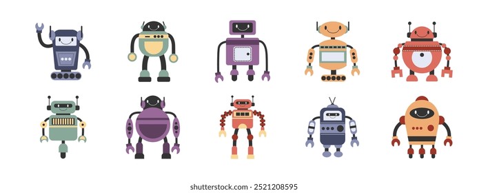 Personaje robótico con conjunto de ilustración plana de expresión facial amigable. Incluir de carácter, mascota, robot amigable, y humanoide. Ilustración vectorial aislada.