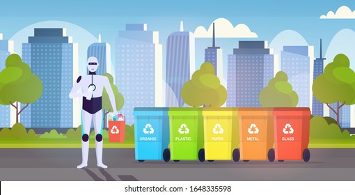 robotic character holding plastic rubbish container near colorful trash cans artificial intelligence segregate waste recycle concept cityscape background horizontal full length vector illustration