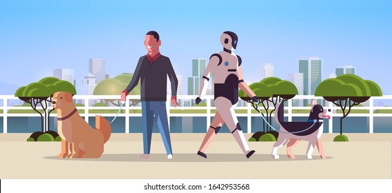 robotic character and man walking with dogs robot vs human standing together with pets public park artificial intelligence technology concept cityscape background full length horizontal vector