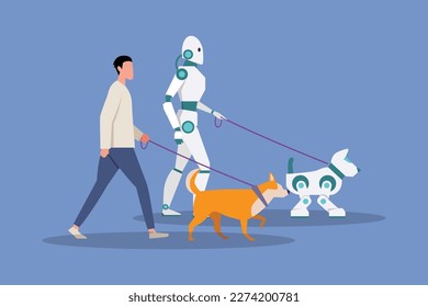 robotic character and man walking with pet 2d vector illustration concept for banner, website, illustration, landing page, flyer