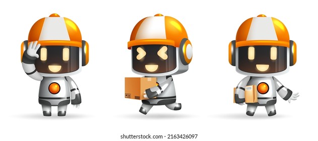 Robotic character vector set design. Robot characters with helmet and boxes in standing and holding gestures for ai delivery robots collection. Vector illustration.
