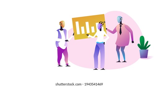 caracteres robóticos analizando el gráfico financiero concepto de tecnología de inteligencia artificial masculino robots femeninos equipo de longitud completa horizontal